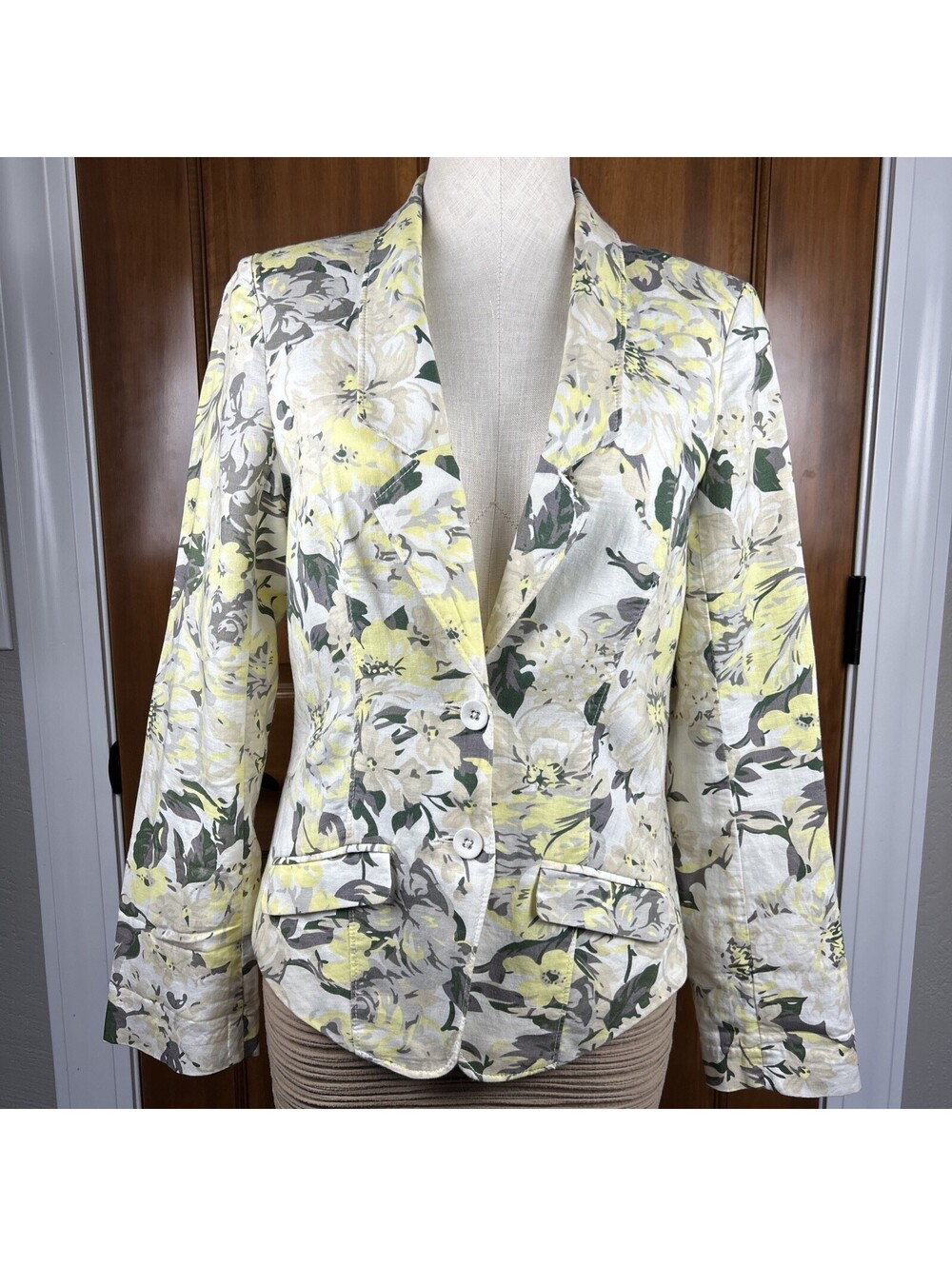 Free People Blazer Floral Linen Blend Womens Size Small Double Breasted Sz 8